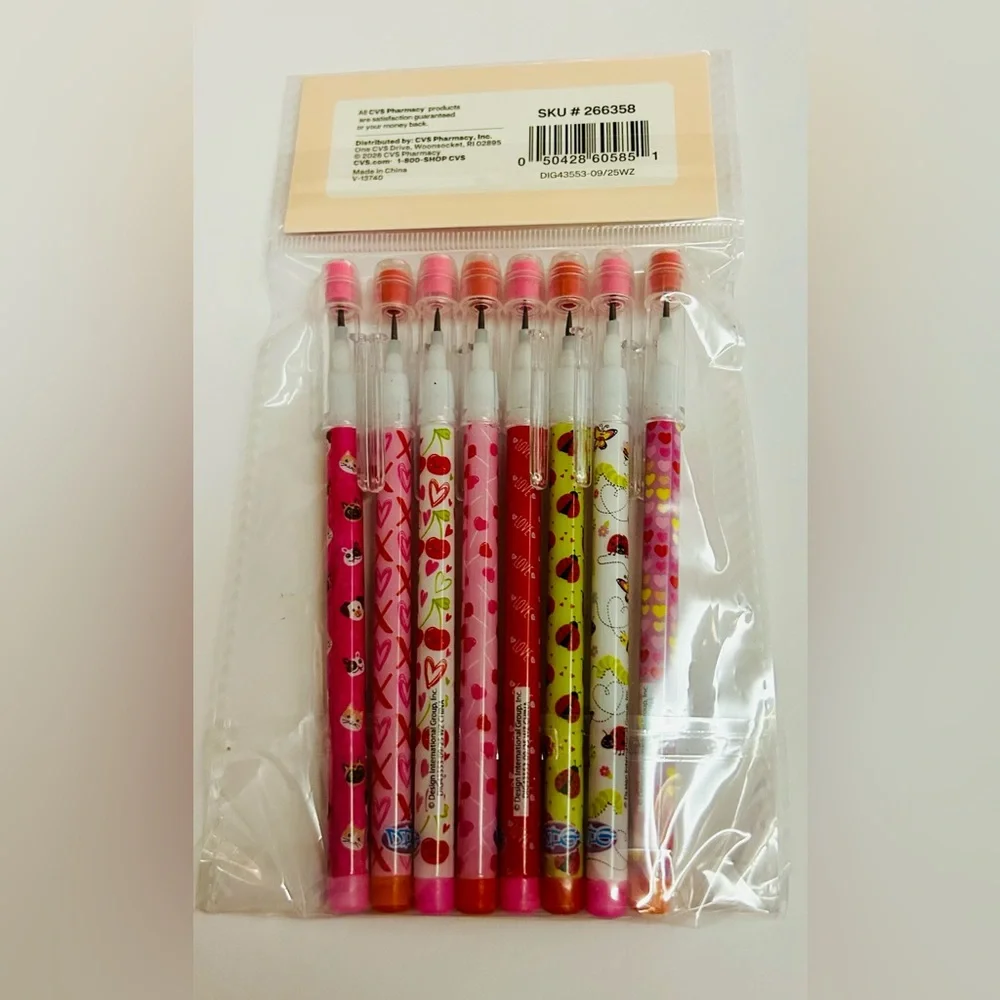 New Joyward Push Pencils 8 Pack Erasers Red White Pink Hearts Ladybugs